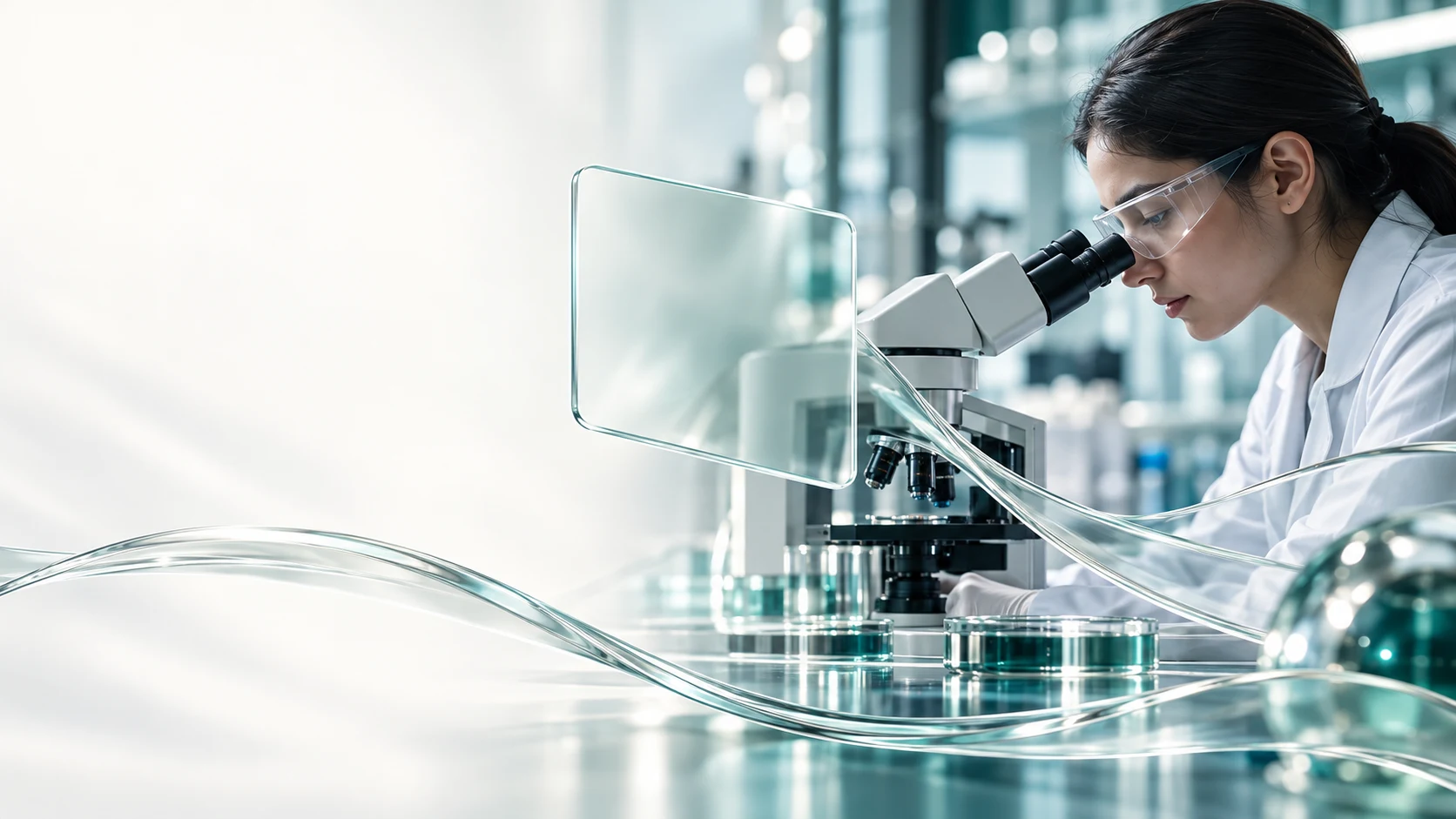 Illustrative scientist working at a microscope